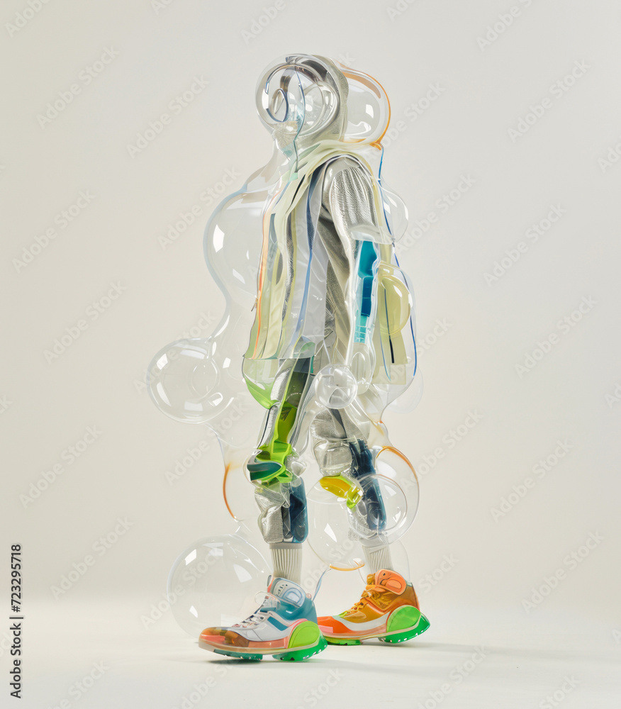 Bubbles are shaped into a suit, creating a blend of modern and innovative fashion design with a unique futuristic look. Bubbles are shaped into a suit, creating a blend of modern and innovative fashion design with a unique futuristic look.