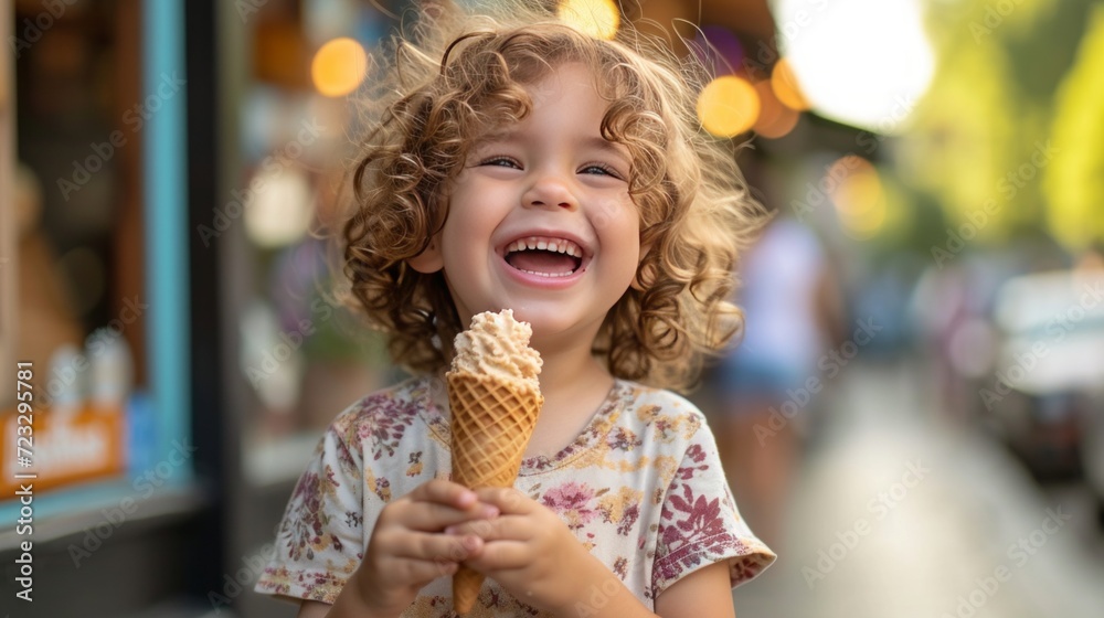 A Joyful Youngster Savors a Waffle Cone on a Summer Stroll A Joyful Youngster Savors a Waffle Cone on a Summer Stroll