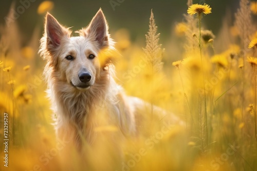 Berger picard dog sitting in meadow field surrounded by vibrant wildflowers and grass on sunny day ai generated
