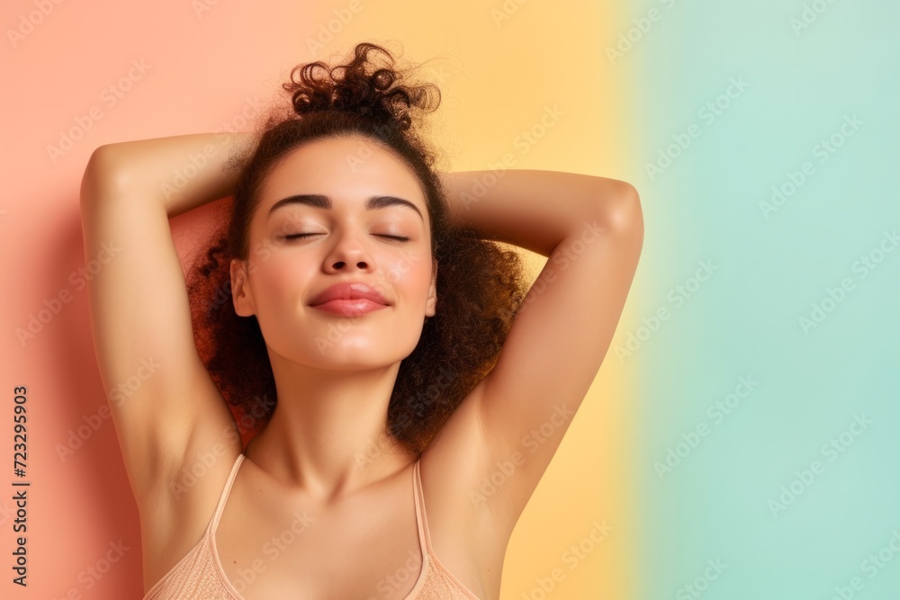 Naklejka premium Beautiful Woman With Hairy Armpits On Pastel Background