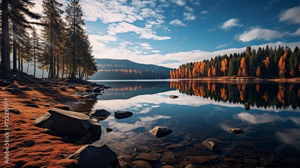 Beautiful autumn landscape mountain lake coniferous forest mirror reflection russia kardyvach