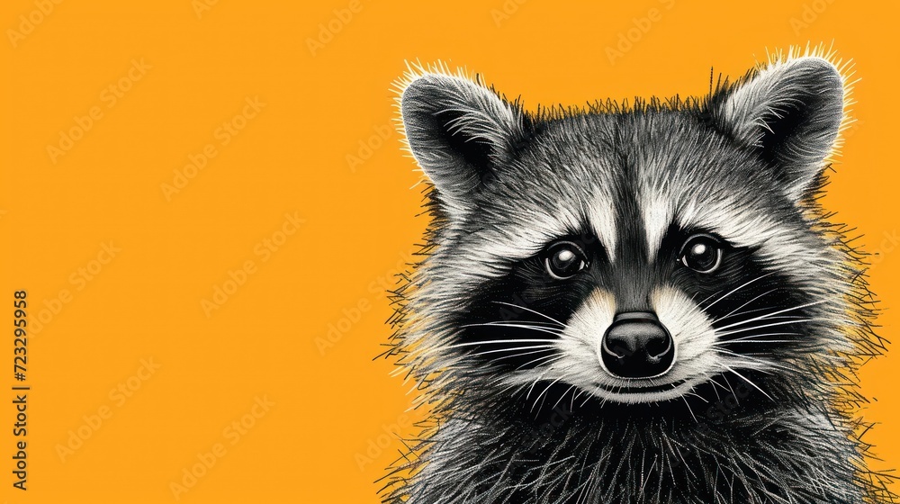  a close up of a raccoon's face on a yellow background with a black and white drawing of a raccoon's face on it.