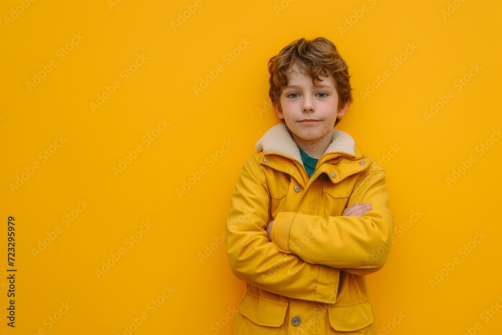 Boy Confidently Poses Against Vibrant Yellow Backdrop In Fullbody Shot Boy Confidently Poses Against Vibrant Yellow Backdrop In Fullbody Shot