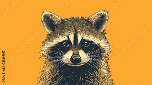  a close up of a raccoon's face on a yellow background with a black and white drawing of a raccoon's face on it.