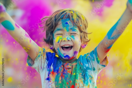 Child Joyfully Covered In Vibrant Holi Festival Colors, Captured By Artificial Intelligence