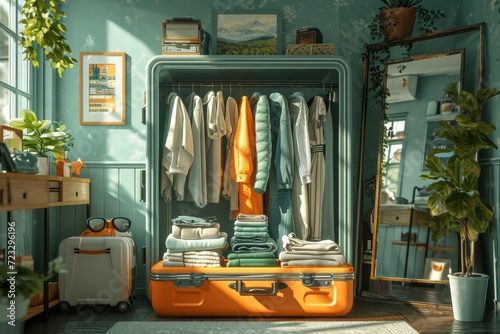 A home dressing room. A closet in the form of a suitcase full of clothes in a home interior. The illustration