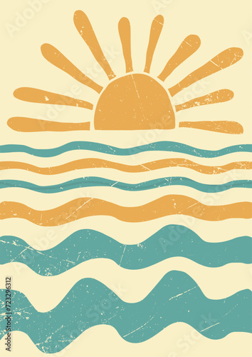 abstract summer landscape, sea, sun, waves. Paradise vacation in nature, the ocean in a minimalist retro style. hand drawn poster, banner, background. for printing, wall art. art vector illustration.