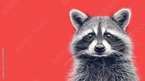  a close up of a raccoon on a red background with a black and white image of a raccoon looking at the camera with a red background. © Nadia