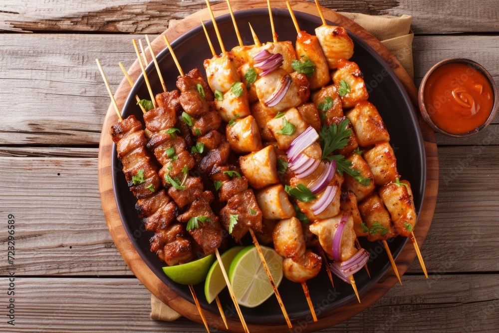 Delicious Assortment Of Satay Skewers Artfully Arranged On Plate