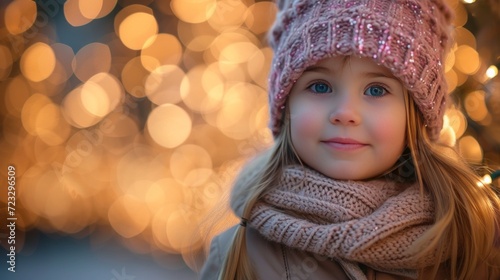 Little Girl in Festive Clothes Against a Backdrop of Christmas Lights
