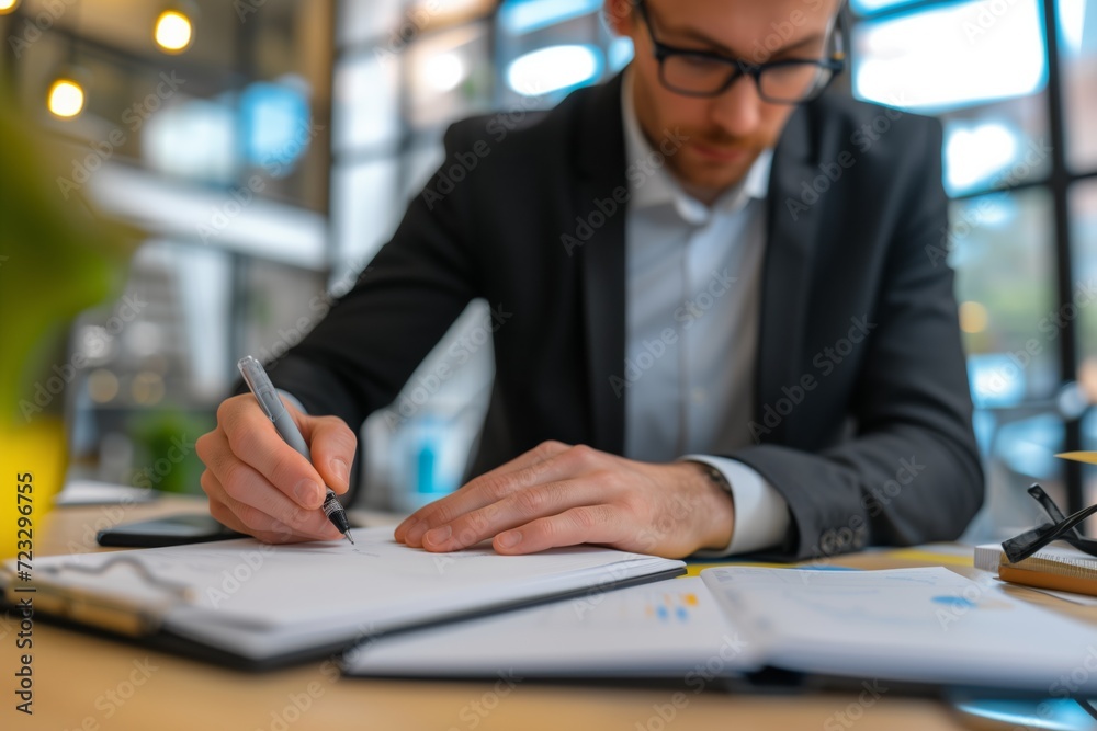 A businessman, an office worker a lawyer takes notes on paper close-up A businessman, an office worker a lawyer takes notes on paper close-up