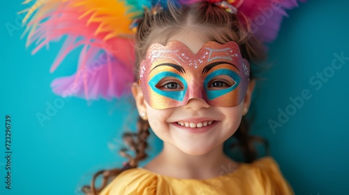 A five-year-old girl wearing a carnival mask laughs and looks at the camera o...