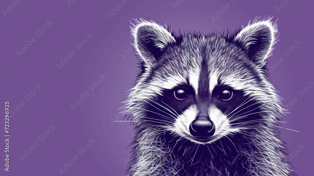  a close up of a raccoon's face on a purple background with a blurry image of the raccoon's head and the raccoon's eyes.