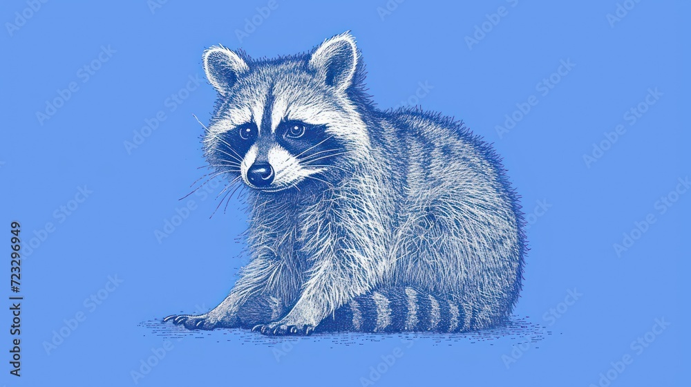 a drawing of a raccoon sitting on the ground with its head turned to the side, looking at the camera, with a blue sky in the background. a drawing of a raccoon sitting on the ground with its head turned to the side, looking at the camera, with a blue sky in the background.