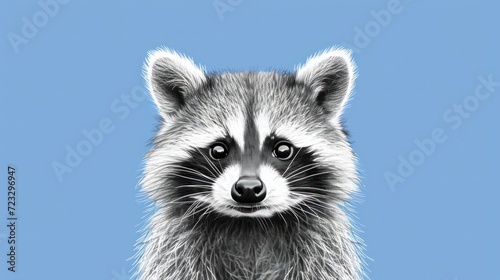  a close up of a raccoon's face on a blue background with a black and white outline of the raccoon's head and the raccoon is looking at the camera.