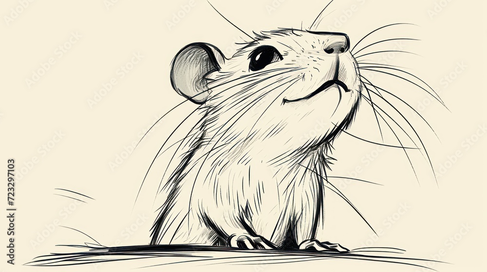  a black and white drawing of a rat with a smile on it's face, standing on its hind legs, with its front paws on its hind legs.