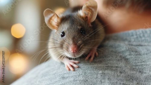 A domestic rat sits on the shoulder of its young handsome owner and looks at ...