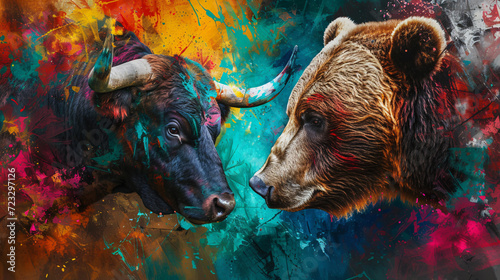 The essence of market dynamics with bull vs. bear stock market collection. Illustrate financial concepts, investing strategies, and market trends art combination ups & downs photo