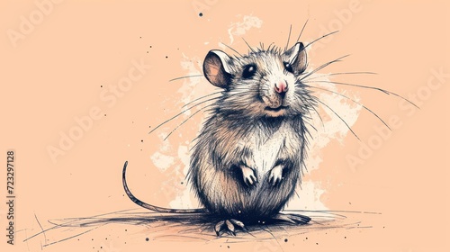  a drawing of a rat sitting on the ground with its front paws on it's hind legs, looking up at the camera, with a light pink background.