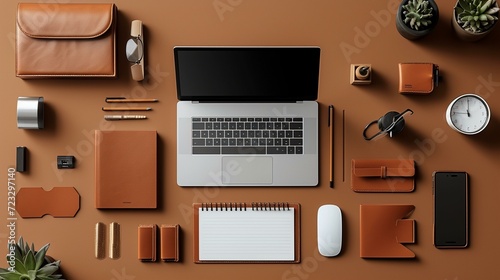 A minimalist workspace with a sleek brown background, showcasing a designer's digital tools, sketchpad, and creative essentials. [brown background for the designer's work] photo