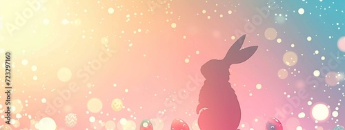 A minimalist Easter banner featuring a subtle outline of a bunny silhouette surrounded by scattered pastel eggs on a soft, gradient pastel background. [Easter banner Easter hare on © Julia