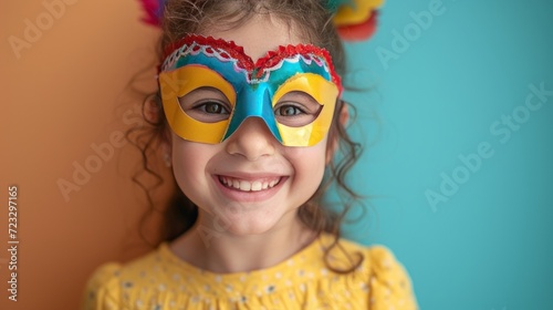 A five-year-old girl wearing a carnival mask laughs and looks at the camera o...