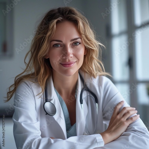 A female doctor in a white coat sits at her desk and looks at the camera