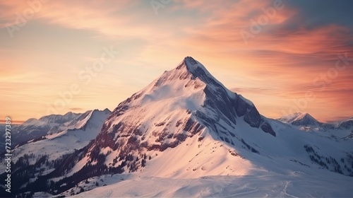 Beautiful shot of a snowy mountain at sunset © Ruslan