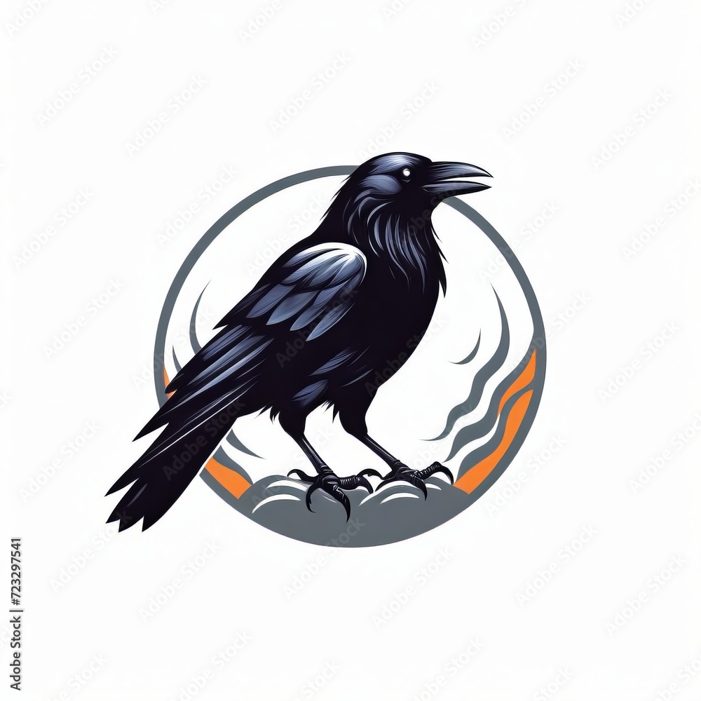 Elegant Black Raven Perched, Detailed Bird Logo Illustration with Circular Abstract Background