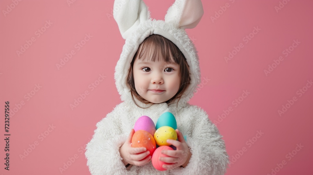 A little girl in a white hare costume holds colorful Easter eggs in her hands on a pink minimalistic background