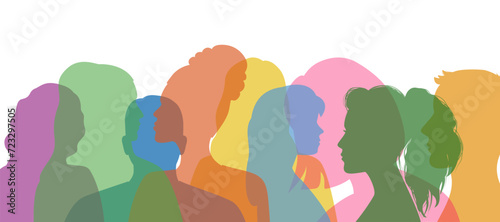 Man and woman group diversity profile silhouettes. Transparent multi-colored silhouettes of people. Community of colleagues or employees. Family relationships. Vector flat illustration photo