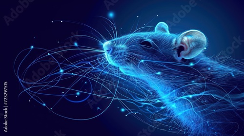  a computer generated image of a rat on a dark blue background with lines and points of light coming out of the rat's back end of the rat's head. photo