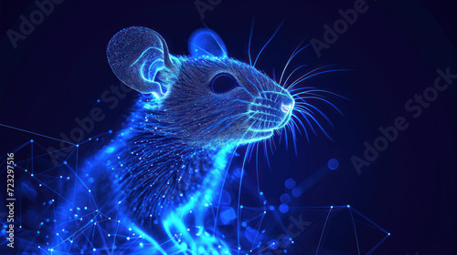  a computer generated image of a rat on a dark blue background with connected lines and dots in the shape of a human's head and a mouse's head.