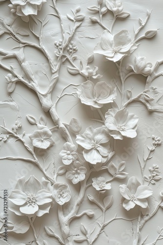 Simple modern design subtle, minimalist botanical relief, textured art made of plaster. © James Ellis