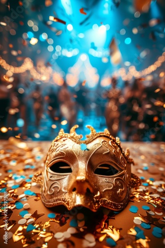 A shiny golden carnival mask lies on a golden table surrounded by confetti and glitter © olegganko