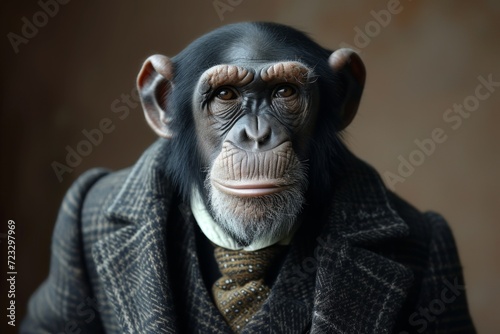 A Monkey Dressed in an Elegant Suit with a Nice Tie - A Fashion Portrait of an Anthropomorphic Chimpanzee Posing with Charismatic Human Attitude, Blurring the Line Between Nature and Style