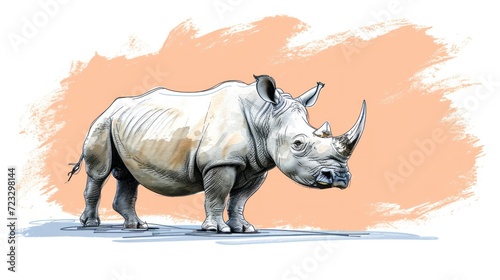  a drawing of a rhinoceros standing in front of an orange background with a white rhinoceros standing in front of an orange background and white rhinoceros.