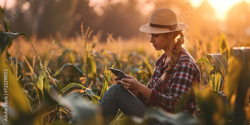 Amidst the golden sunrise, a woman's face glows with joy as she sits gracefully in a vibrant corn field, her sun hat a fashionable accessory in the midst of nature's bountiful crops