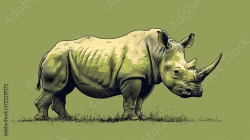  a drawing of a rhinoceros standing in a field of grass with its head turned to the side  with the rhinoceros in the foreground of it s foreground.