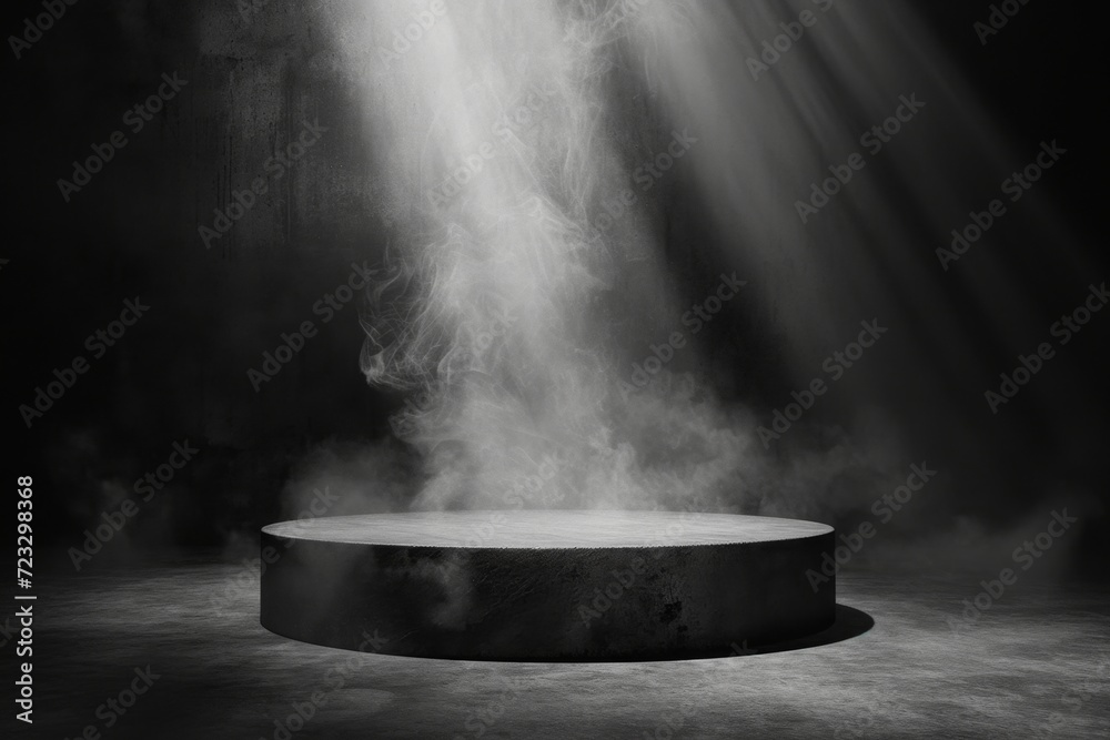 Podium with Black Dark Smoke Background, Evoking Drama and Mystery - A Minimalistic Stage Texture with Fog, Spotlight, and Concrete Wall, Setting the Scene for an Enigmatic Display