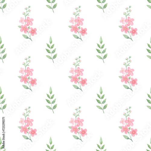 Simply floral pattern. Watercolor hand painted seamless pattern with pink flowers and green leaves.