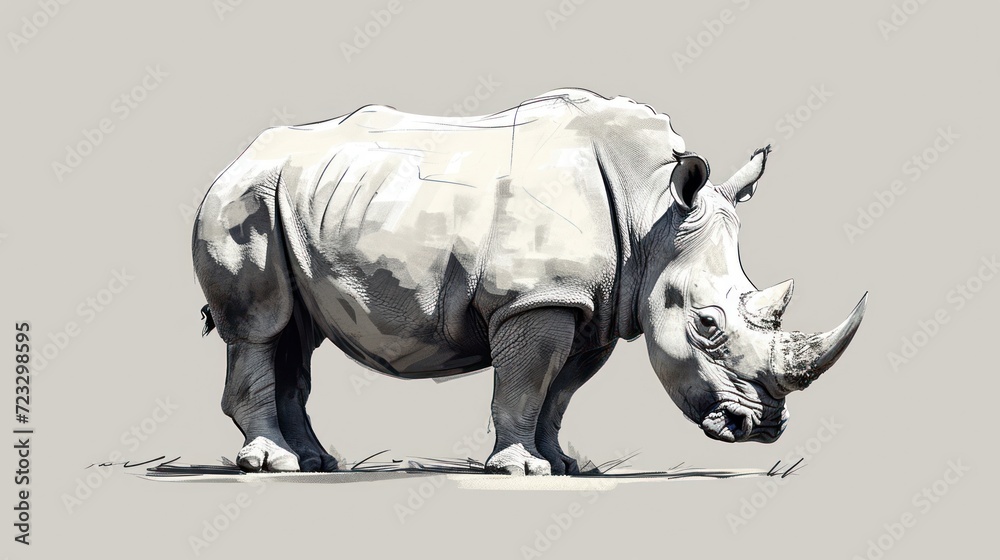  a drawing of a rhinoceros is shown in a white and black color scheme on a light gray background with a shadow of the rhinoceros is standing in the foreground.