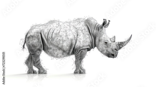  a rhinoceros standing in front of a white background with a pattern of lines on it's back and a white background with a black rhinoceros standing in the foreground.
