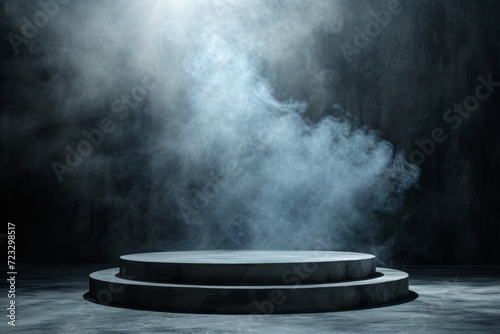 Podium with Black Dark Smoke Background, Evoking Drama and Mystery - A Minimalistic Stage Texture with Fog, Spotlight, and Concrete Wall, Setting the Scene for an Enigmatic Display