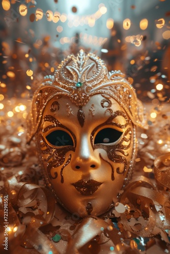 A shiny golden carnival mask lies on a golden table surrounded by confetti and glitter © olegganko