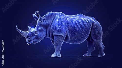  a rhinoceros standing on a blue background with a pattern of lines on it s body and a pattern of lines on its back side of the rhinoceros.