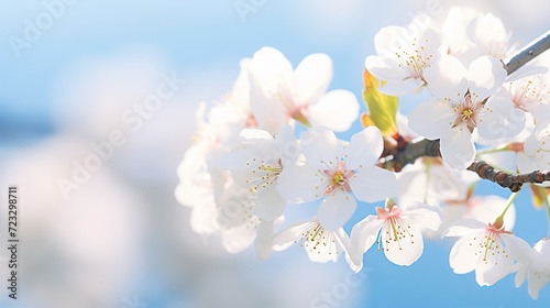 Branch of blossoming cherry on blue sky background fluttering blue butterflies in spring on nature