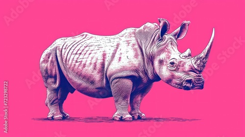  a rhinoceros standing in front of a pink background with the word rhino on it's back and a pink background with the rhinoceros on it's side. © Nadia