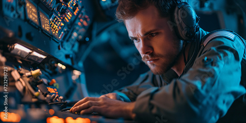 A 35-year-old man with headphones gazes intently at the control panel, his human face displaying a mix of concentration and determination, his clothing reflecting a professional yet casual style as h photo