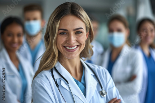 Female doctor standing in the hospital corridor in front of her team